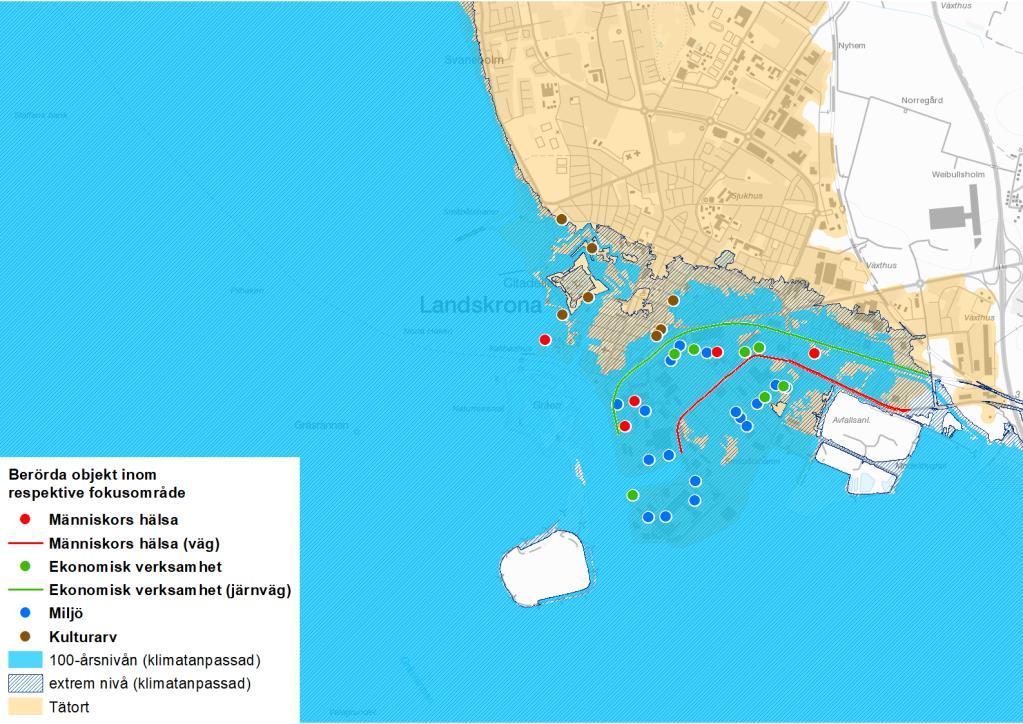 56 4.1.16 Landskrona Landskrona har identifierats utifrån översvämningsrisk från havet. Inom området som berörs av 100-årsnivån för havet finns 4 016 boende och 3 406 anställda.