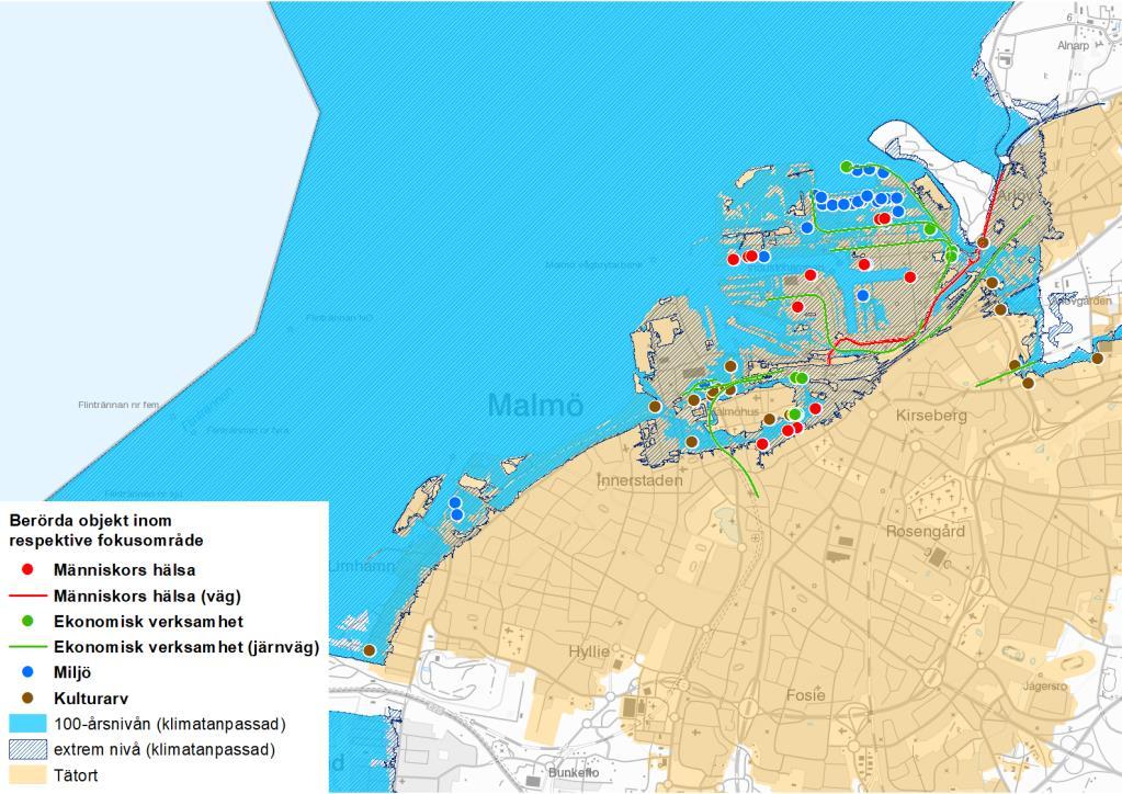 57 4.1.17 Malmö Malmö har identifierats utifrån översvämningsrisk från havet. Inom området som berörs av 100-årsnivån för havet finns 4 871 boende och 9 392 anställda.