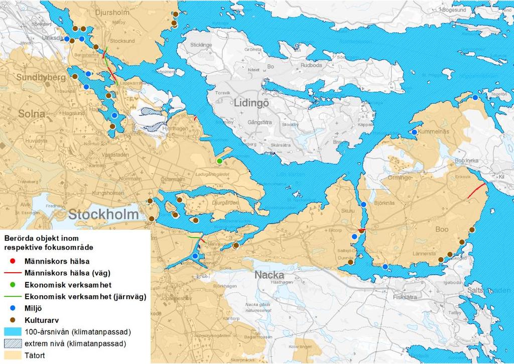 61 4.1.21 Stockholm Stockholm har identifierats utifrån översvämningsrisk från havet. Inom området som berörs av 100-årsnivån för havet finns 84 boende och 100 anställda.