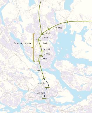 vice versa Då är det mer sannolikt att Stockholmsbågen kommer att ha en större påverkan, då restiden till Barkarby anges till cirka 18 minuter från Täby Centrum Tiderna för Stockholmsbågen