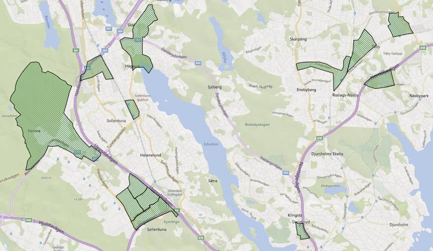 Kontorsområden längs med den tänkta sträckningen Åkerbyvägen