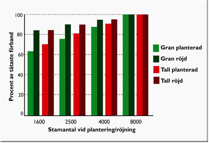 produktion jämfört med ett bestånd som planterats med 8 000 stammar per hektar. För planterad gran är förlusten nästan 25 % (figur NF2).