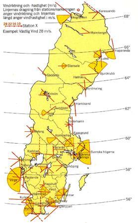 Figur NF45 Vindriktningar och vindhastigheter vid de högsta observerade vindhastigheterna 1949 1969.