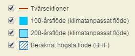 Figur 6. 100- och 200-årsflöde samt beräknat högsta flöde för del av Piteälven. Planområdet inringat med rött. (Källa: Översvämningskarteringar, Myndigheten för samhällsskydd och beredskap, www.msb.