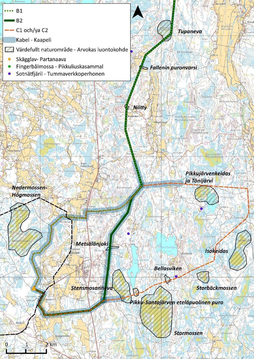 B1 B2 C1 och/ja C2 Kabel Kaapeli Värdefullt naturområde Arvokas luontokohde Skägglav Partanaava Fingerbålmossa
