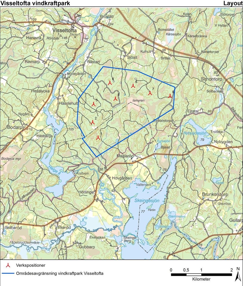 2.2 LAYOUT Gamesa Energy Sweden AB projekterar för en etablering av upp till 8 vindkraftverk med totalhöjd på maximalt 197m. Föreslagen layout kan ses i Figur 2.2. Figur 2.2. Preliminär placering av de åtta vindkraftverken för vindkraftpark Visseltofta.