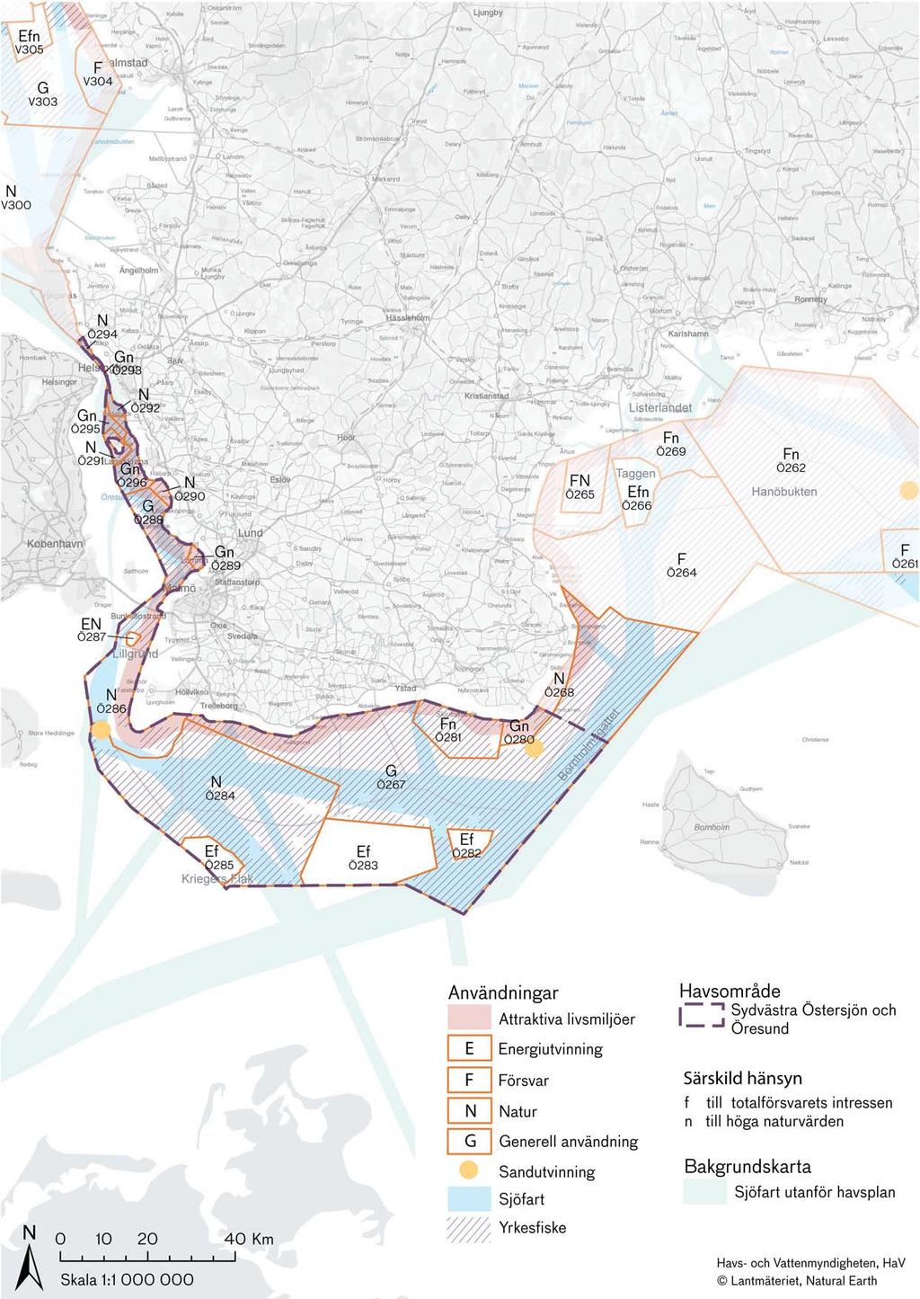 Plankarta för havsområdet Sydvästra Östersjön och Öresund Karta 6: Områdena