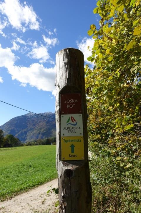 Strax efter Trenta Alpe-Adria Trail delar stig med leden Soška Pot Sträckan mellan Trenta och Bovec är en av Alpe-Adria Trail vackraste del. Leden följer floden Sočas med sitt smaragd gröna vatten.