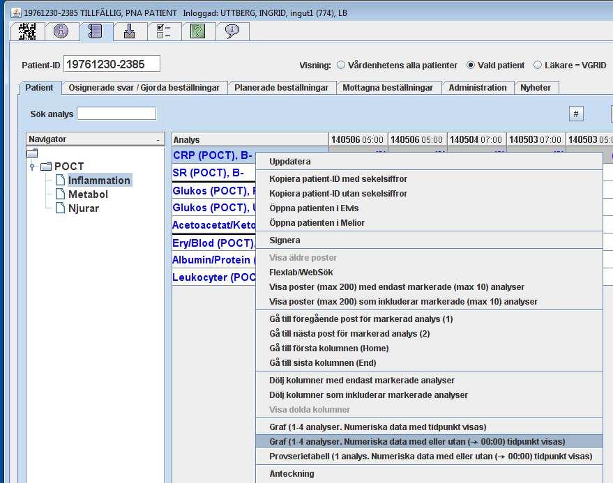 Visa Graf Markera analys (max 4) I detta exempel är det analysen CRP