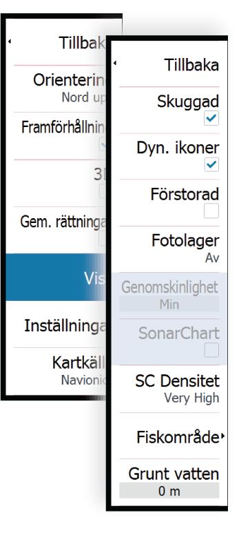 SC-täthet Styr tätheten för konturerna på SonarChart och SonarChart Live. Fiskeområde Välj ett djupområde som Navionics ska fylla i med en annan färg.