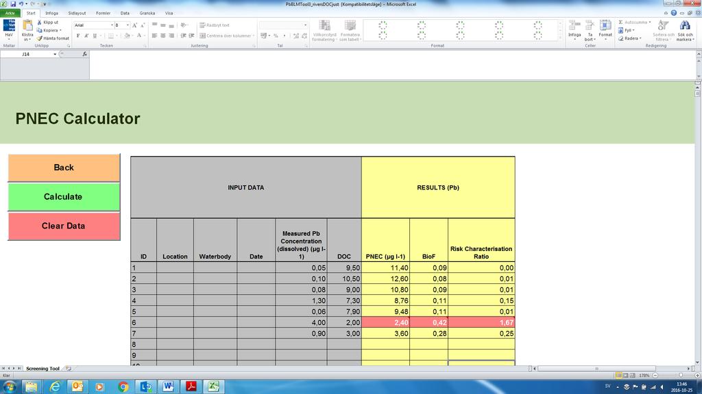 Figur 14. Inmatningsark för PNEC calculator.