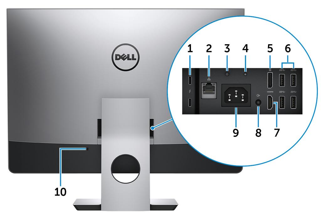 Baksida 1 Thunderbolt 3 (USB-Typ-C)-portar (2) Stöder USB 3.1 Gen 2, DisplayPort 1.2, Thunderbolt 3 och tillåter även dig att ansluta till en extern bildskärm med hjälp av en bildskärmsadapter.