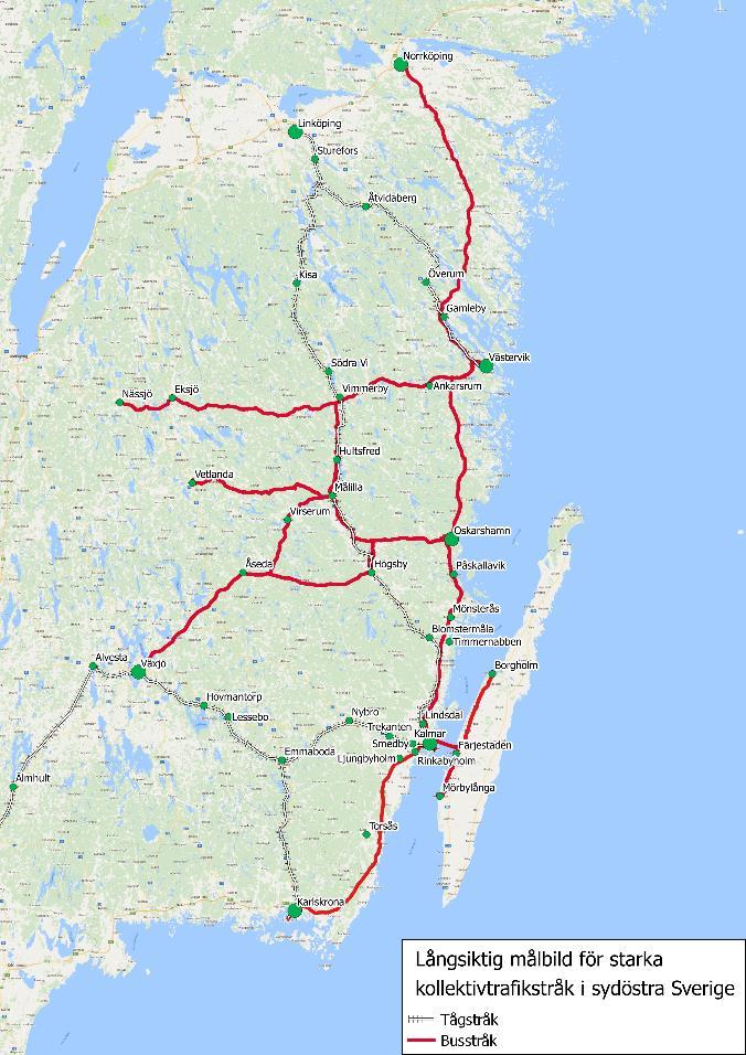 44 Figur 35. Långsiktig målbild för starka kollektivtrafikstråk Figur 35 visar en tänkt framtida sträckning av de starka kollektivtrafikstråken.