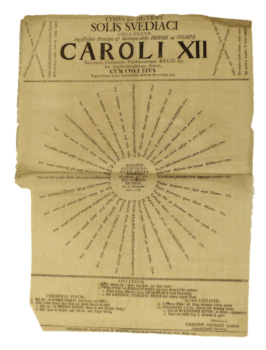12 [Karl XII.] OEDMAN, Johan. Cursus et decursus solis Svediaci circa obitum augustissimi principis & incomparabilis herois ac domini Caroli XII, Suecorum, Gothorum Vandalorumque regis &c.