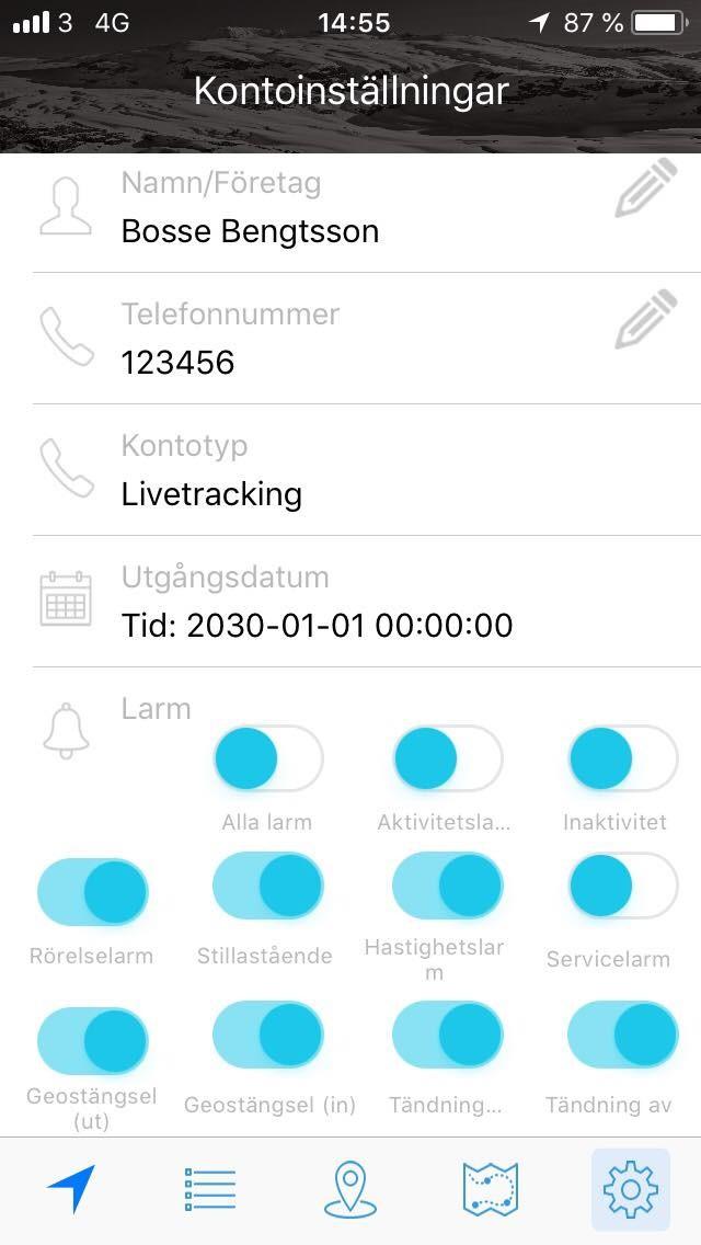 2.16.6. Inställningar för appen Under menyn Inställningar, som du hittar längst till höger i menyraden längst ned, så kan du ändra ditt namn, telefonnummer och lösenord.