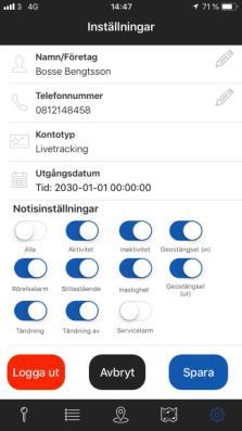 2.17.6. Inställningar för appen Under menyn Inställningar, som du hittar längst till höger i menyraden längst ned, så kan du ändra ditt namn, telefonnummer och lösenord.
