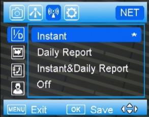 NET meny SendMode / Sändningsätt: Instant: Om du vill att kameran skall sända varje foto/videoklipp direkt så måste du välja detta alternativ.