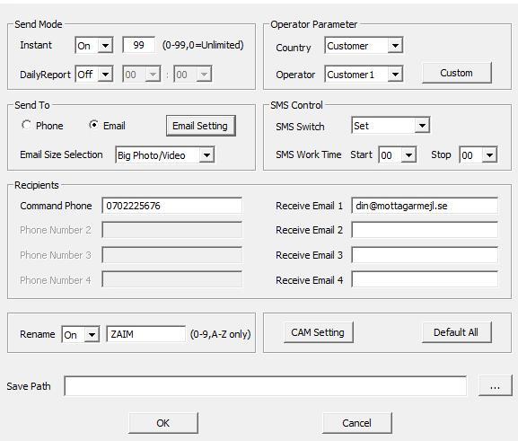 OBS! Använd inte Å, Ä och Ö. Email Size Selection: Här väljer du om kameran skall sända högupplösta eller lågupplösta bilder/video. Save Path/Path: Där programmeringsfilen sparas.