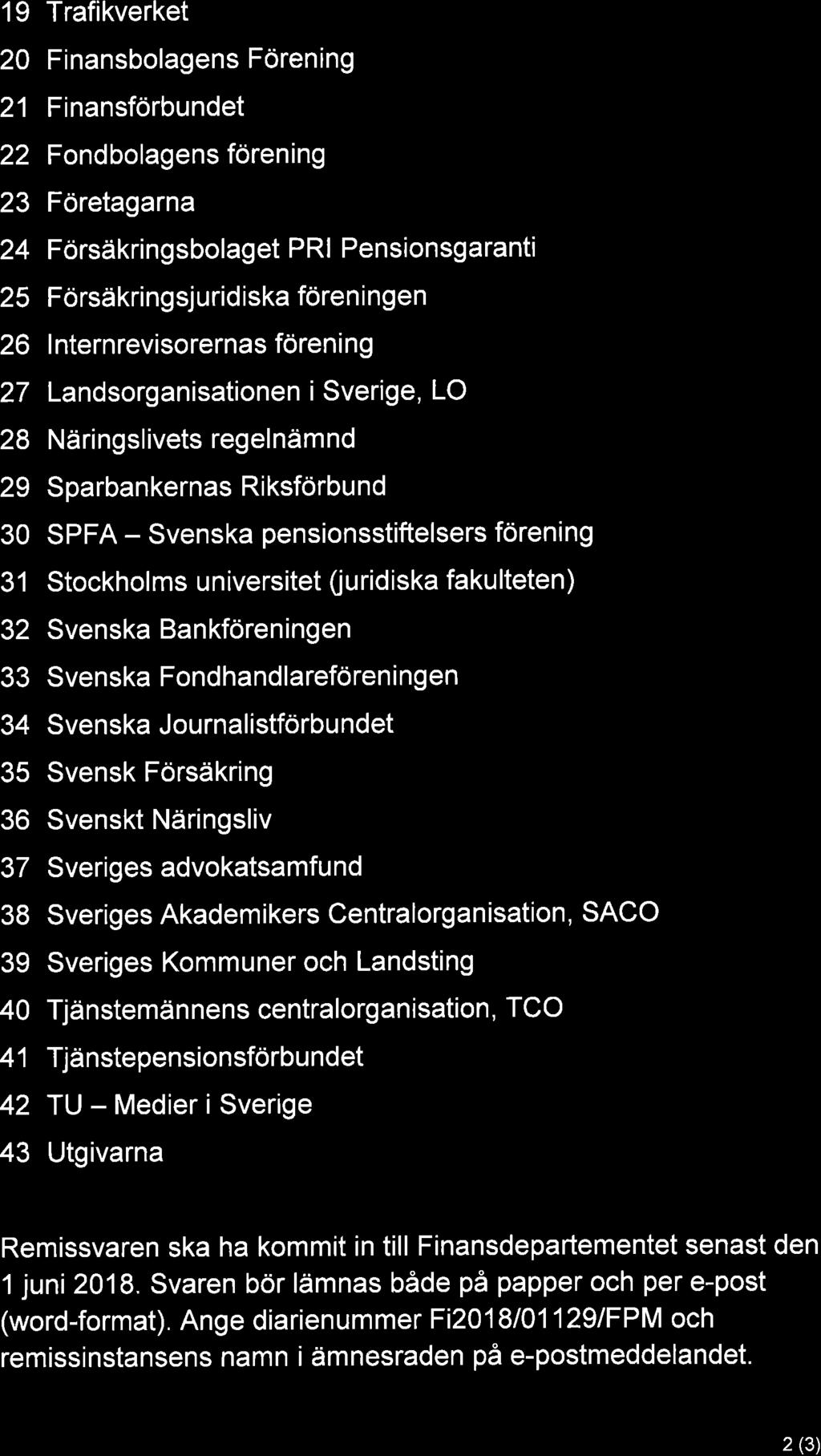 19 20 21 22 23 24 25 26 27 28 29 30 31 32 33 34 35 36 37 38 39 40 41 42 43 Trafikverket Finansbolagens Förening Finansförbundet Fondbolagens förening Företagarna Försäkringsbolaget PRI