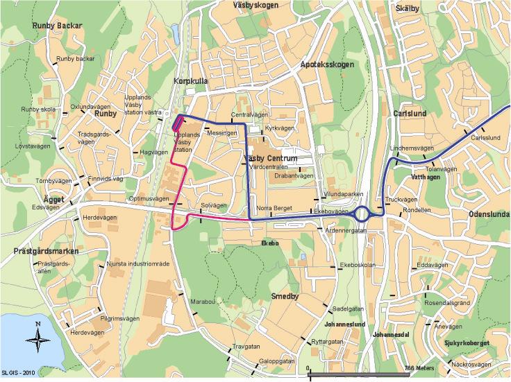 3.3.1 MÖJLIG OMLEDNING AV LINJE 524 Linje 524 kopplar samman Vallentuna med Väsby.