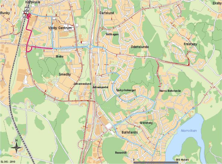 3.3.3 MÖJLIG OMLEDNING AV LINJE 534 Linje 534 är en lokal linje inom Väsby som bland annat trafikförsörjer Sjukyrkoberget och Bollstanäs bort till Bollstanäs skola.