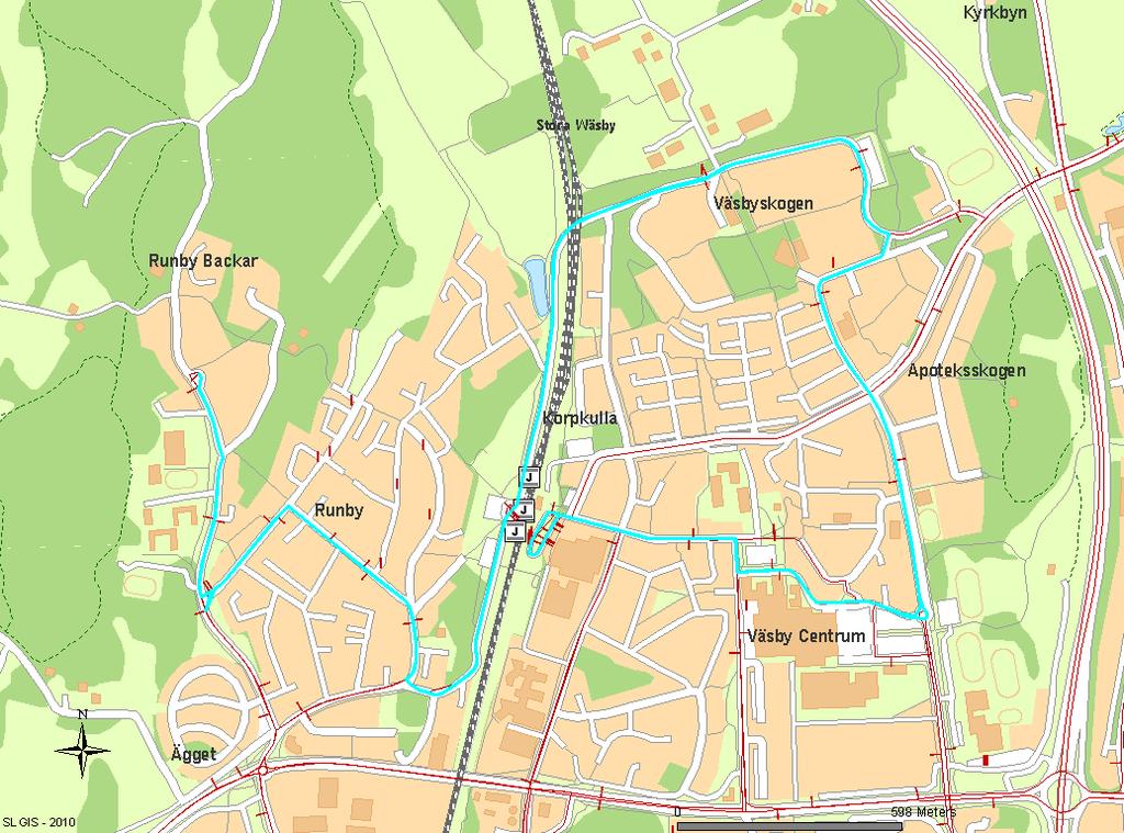 Linje 562 trafikerar Runby backar - Upplands Väsby station västra Väsbyskogen Väsby centrum Upplands Väsby station (se Figur 15). Linjen trafikerar i 30-