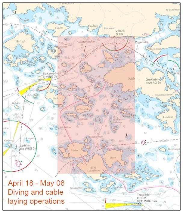 2016-04-14 9 Nr 594 Mälaren och Södertälje kanal Arbetsområde, Nyköpings skärgård. Svenska Undervattensentreprenader AB. Publ. 14 april 2016 * 11116 (T) Sjökort: 111 Sverige.