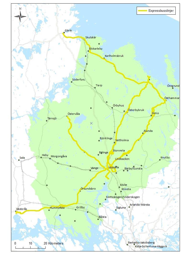 Expressbusslinjer Ett tiotal linjer benämns idag expressbuss. I några fall fungerar de som ett snabbare alternativ och som förstärkning till andra linjer i huvudstråken.