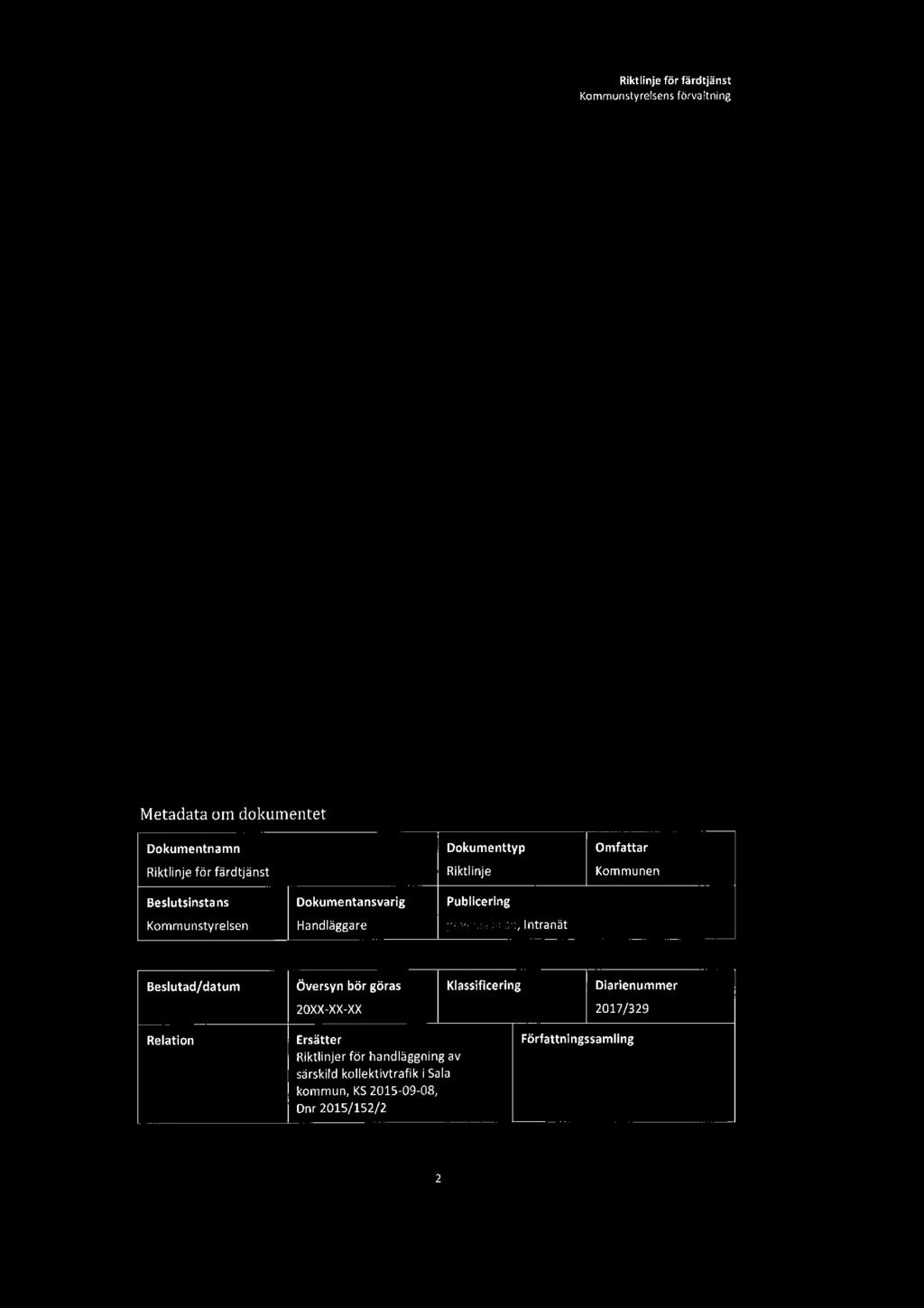 Metadata om dokumentet Dokumentnamn Riktlinje för färdtjänst Beslutsinsta ns Kommunstyrelsen Dokumenttyp Omfattar Riktlinje Kommunen Dokumentansvarig Publicering Handläggare www.sala.