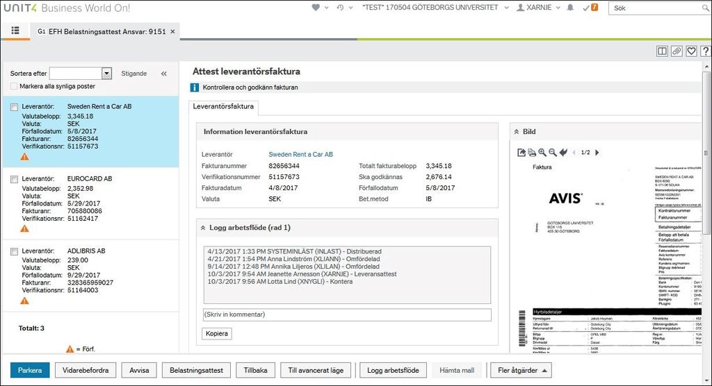 I attestbilden visas också en bild av leverantörsfakturan. Ovanför bilden av fakturan finns pilar som gör att man kan växla mellan sidorna på flersidiga fakturor.