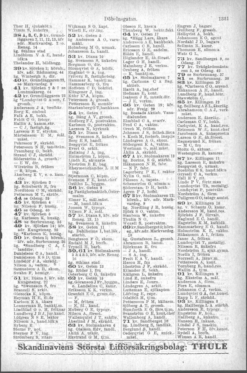 '1'1101'H, sjuksköt.a 'I'imm S, änkefru 38 A., B, C, D kv. Grundläggaren 2, 11, 12,13, äfv adr, A-farkva.rdsg. 7 o. Rensg. 14 äg. Sthlm s stad Lindblom V A E, hand.' idk:a 1:helander H, bildhugg.