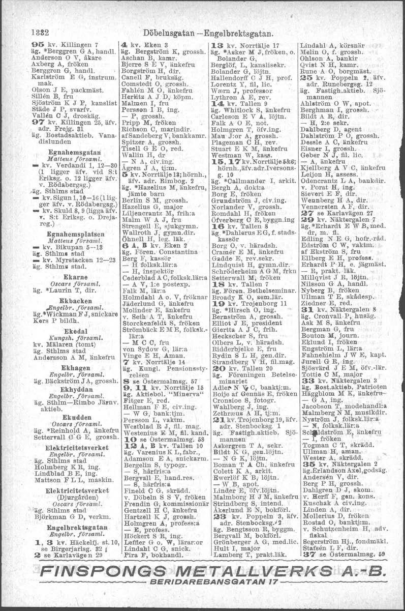 1382 9i> kv. Killingen 7 äg. *Berggren G A, handl. Anderson O V, åkare Axberg A, fröken - Berggron G, handl. Karlström E G, inatrum. mak. Olson J E, packmäst. - Sillen B, fru.