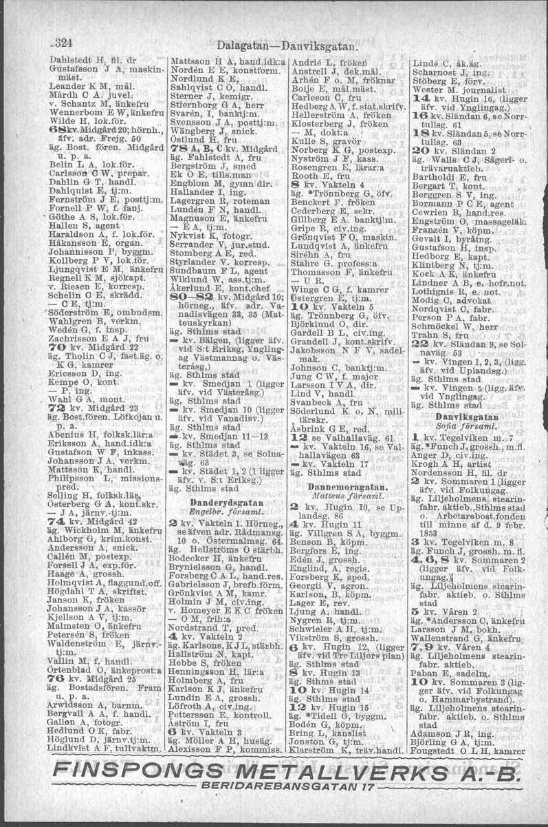 ~324 Dalagatan- Dan viksgatan. Dahlstedt H. fil. dr Mattsson fl A, hand.idk:a Gustafsson J A, maskin- Norden E E, konstform. mäst. Nordlund K E,. LeanderK M, mål. Sahlqvist C O, handl. Mårdh C A.