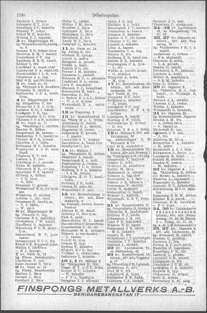 busken 1380 Döbelnsgutan, Paulson I, fröken Malm L, vaktm. Gjers J G, ing. Roijnitz J G, mål, Schwartz E T, tj:m Mäller J 1>1,lär:a Hallden A J, bokh. Thunberg C, sjukgymu.