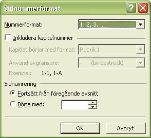 Bild 5: Sidnummer och sidnummerformat Ta bort sidnummer Om du har en lista över delarbeten, dedikationer, etc.