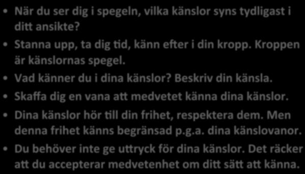 KÄNN DIG SJÄLV, KÄNN DINA KÄNSLOR När du ser dig i spegeln, vilka känslor syns tydligast i dii ansikte? Stanna upp, ta dig Ad, känn efer i din kropp. Kroppen är känslornas spegel.