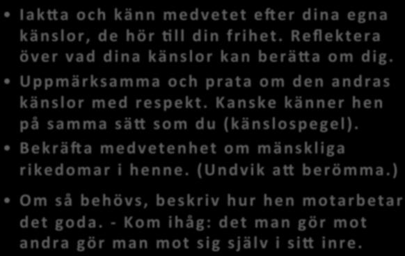 IakIa och känn medvetet efer dina egna känslor, de hör All din frihet. Reflektera över vad dina känslor kan beräia om dig. Uppmärksamma och prata om den andras känslor med respekt.