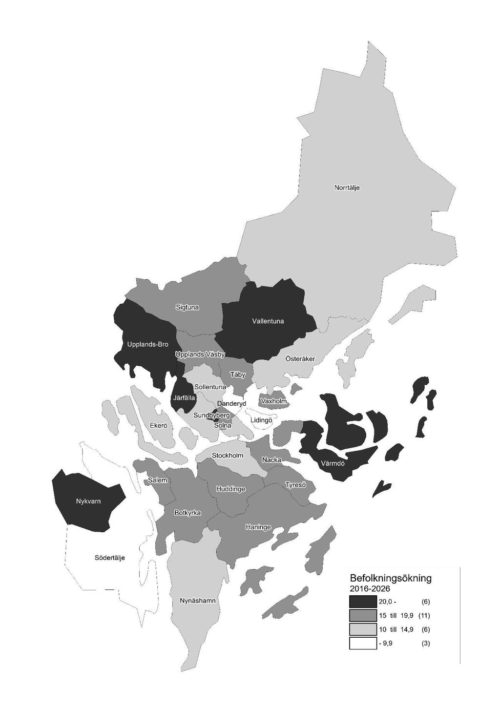 Karta 1. Stockholms län Beräknad procentuell ökning av folkmängden i kommunerna 2016 2026 Stockholms län väntas år 2026 ha en något yngre befolkning än Sverige totalt.