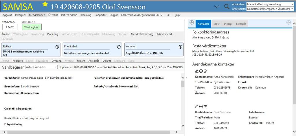 Systemöversikt 5. Huvudmeny Logga ut, Inkorg, Meddelanden, Översikt, Patient admin, Betalning, Rapporter, Loggar, Förberedd vårdbegäran, SIP och Hjälp.