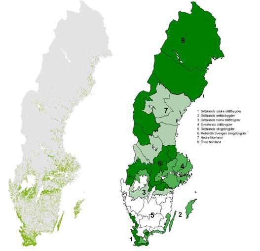 Figur 4. Förekomsten av jordbruksmark i Sverige, representerat av jordbruksblocken från blockdatabasen (gröna prickar i kartan till vänster), samt landets åtta produktionsområden (kartan till höger).