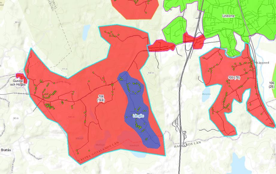 16 De landsbygdsområden som skulle kunna vara möjliga att söka stöd för är de som i kartläggningen är benämnda som nummer 104 och 105 (se figur nedan) vilka är de enda områden som har tillräckligt