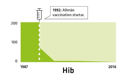 Haemophilus influenzae typ b Smittar via kontakt och droppsmitta ÖLI, otit, pneumoni Epiglottit, meningit, sepsis Före vaccination insjuknade 1 barn av 200