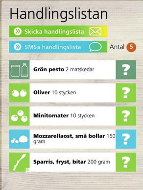 4.3 Att plocka fram och välja ingredienser Skicka handlingslista Det går att maila eller sms:a