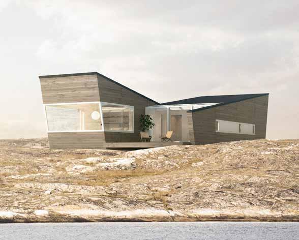 Husen är ombonade men också öppna så att naturen blir till en del av arkitekturen. De snickeribyggda skjutglaspartierna döljs i väggen när de öppnas.