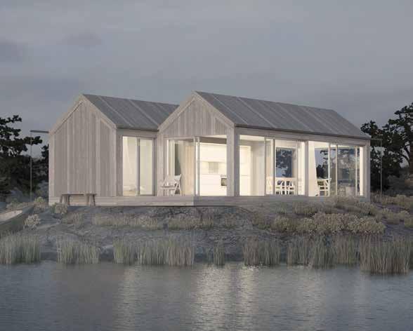 Alla Sommar 50 med loft innehåller kök och allrum med utsikt i tre väderstreck, hall med förvaring, komplett badrum med tvättmaskin, två separata sovrum och ett generöst sovloft för gäster.