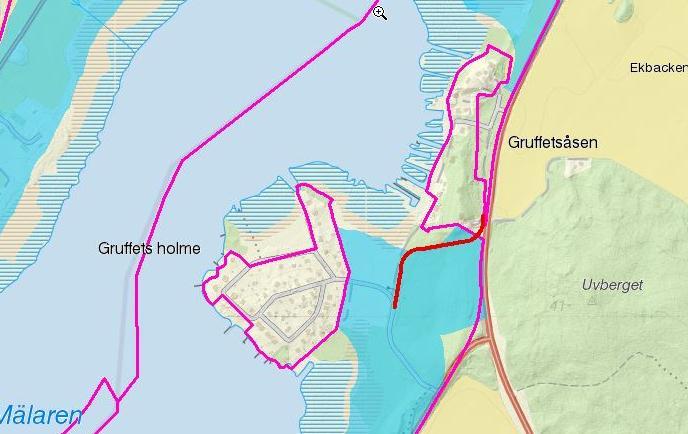 Gruffets holme - Enligt förslag för vägdragning (röd markering) enligt bild nedan kommer vägen dras inom område som omfattas av strandskyddsbestämmelserna (rosa markering).