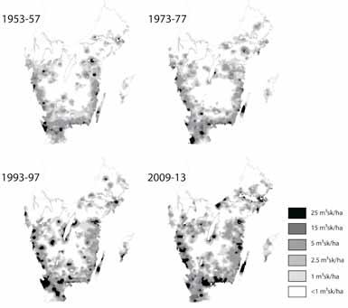 Ekbladet 33 Figur 1. Ekvolym (m 3 per hektar) i södra Sverige som 5-årsmedelvärden för 1953-57, 1973-77, 1993-97 och 2009-13. 170 %.
