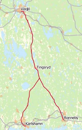 42 Stråket Växjö-Tingsryd-Karlshamn/Ronneby Kortfakta Län: Blekinge och Kronoberg Kommuner: Karlshamn, Ronneby, Tingsryd och Växjö Berört vägnät: Riksväg 27 och delvis riksväg 29 Total sträcka: 86 km