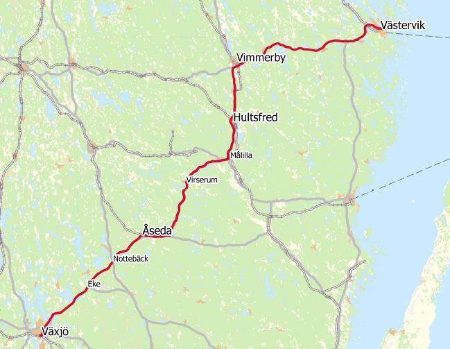 51 Stråket Växjö Västervik Delen Växjö Åseda finns också redovisad i stråket Växjö- Oskarshamn(-Gotland) medan delen Vimmerby Västervik även ingår i stråket Jönköping-Västervik(- Gotland) Kortfakta