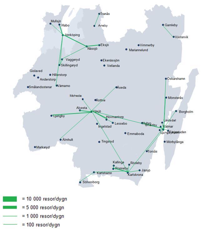 8 Invånarnas resor med bil mellan orter i regionen Källa: Trafikverket. Resvaneundersökning i sydöstra Sverige. Blekinge, Småland och Öland. Rapport, 2012-12-11 Ver 2.